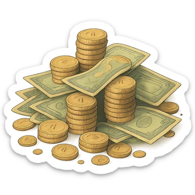 ghibli style whimsical pile of coins and bills sticker