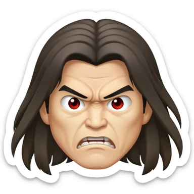 a long-haired Asian man with an angry face sticker