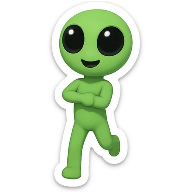 Create a neon green alien dancing, almost identical to the reference image, with minimal changes in the positions of arms and legs, looking straight ahead. This is frame 5 of an animation. PNG format with transparent background. sticker
