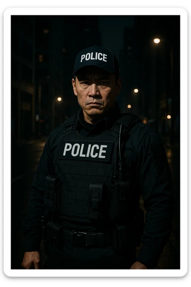 Asian cop, stern face, tactical gear, standing confidently, city at night, dramatic shadows sticker