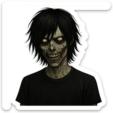 spooky emo boy zombie, medium-long black hair, shaggy, with a sinister, creepy face sticker