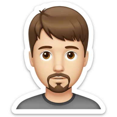  white male, short medium brown colored hair with bangs and goatee,  sticker