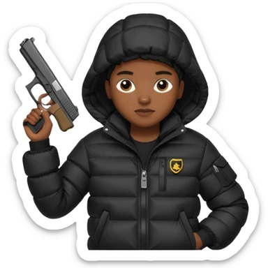 african american wearing a black puffer jacket with the hood on and holding a glock 26 sticker