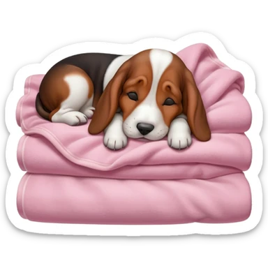 A baby basset hound sleeping on a baby pink blancket sticker