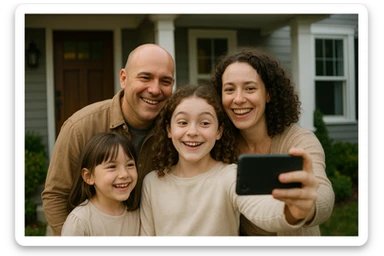 A cheerful family of four taking a selfie outside their house: bald dad (medium light skin), mom (curly hair, pale skin), older daughter (curly hair, pale skin, holding phone), younger daughter (straight hair, medium light skin). Sisters are amused, parents are smiling. sticker