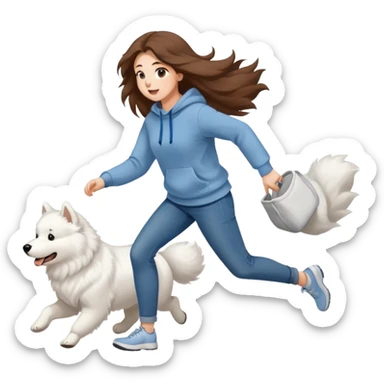 A beautiful girl with long hair wearing a sweatshirt and jeans is running with a Samoyed sticker