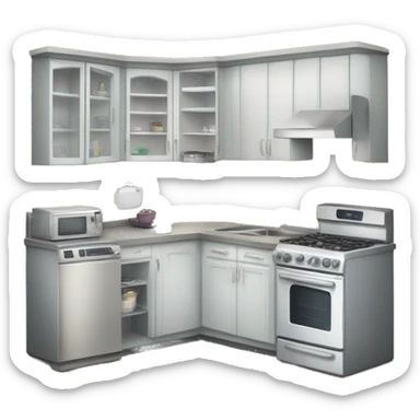 a kitchen; in the kitchen there is a fridge, a microwave, a dishwasher, an oven, a carper, 3 stools  sticker