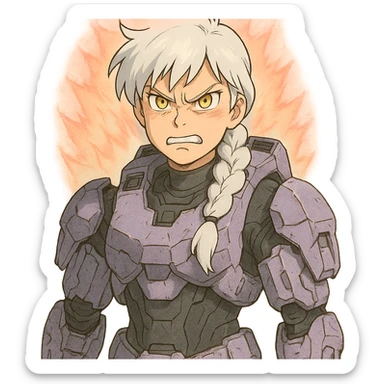 making an angry scowl, frown closed mouth, rage face, rage aura,  female, wearing reach spartan armor shoulder-unequip, long white braid hair with massive messy front side single bangs, gold yellow eyes, attention pose, D-cup size, HALO:series, no helmet, the armor is lavender color scheme, sticker