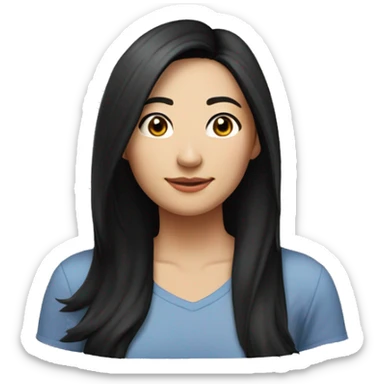 A head and shoulders shot of a 32 year old Asian woman, with long black hair,   with brown eyes wearing a t-shirt. sticker