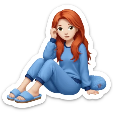 young woman with long red hear wearing comfy lounging outfit, wearing blue fuzzy slippers sticker