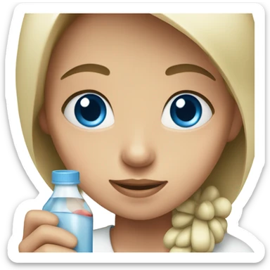 girl with blue eyes holding medicine sticker