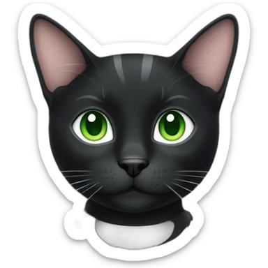 A black cat with green eyes with a white mustache, a white stripe on its nose, a full-length white breast and white paws sticker