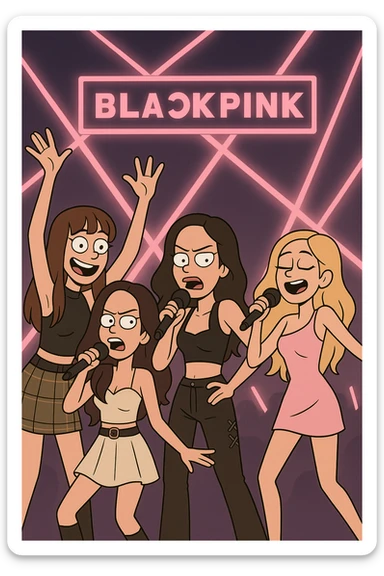 Blackpink concert scene, dynamic, neon lights, energetic, cartoon style sticker