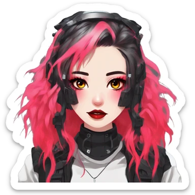Gorgeous futuristic neon gothic techwear anime style lady with blushing face aesthetic and pretty edgy black red punk messy wild cute hair with collar and harness trending style sticker