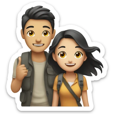 Cute young  Asian couple excitedly traveling  sticker