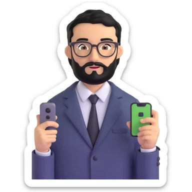 same professional man with medium black beard, neat black hair, connected unibrow, olive tan skin, brown eyes, glasses, prominent nose, dressed in formal black jacket, with mobile phone sticker