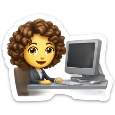 Secretary curly brown hair computer and drinking coffee sticker
