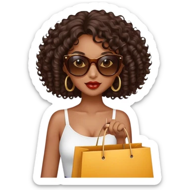 Rich dark brown girl with dark brown mid-length curly hair expensive retail shopping bags and sunglasses sticker