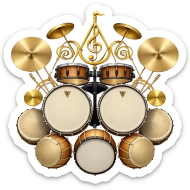 Create a heraldic, festive, and professional emblem-like emoji representing percussion instruments. The design should resemble a traditional crest, featuring a variety of percussion instruments such as cymbals, triangle, tambourine, maracas, timpani, bongo drums, and other traditional folk percussion instruments. Arrange them symmetrically, with cymbals crossing each other, the triangle at the center, and timpani or bongo drums flanking the sides. Include tambourines and maracas prominently, adding rhythm and texture. A flowing ribbon of musical notes should elegantly weave through the instruments, enhancing the sense of movement and celebration. Add intricate decorative patterns on the instruments, along with ornamental swirls, laurels, or flourishes to elevate the festive and heraldic feel. The overall composition should be balanced, harmonious, and visually striking, with an elegant and professional look. The background should be transparent. sticker