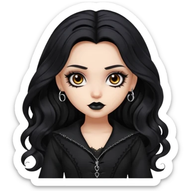 goth bratz baddie, beautiful brown eyes, long wavy black hair, black gothic hair styled, black goth clothes sticker