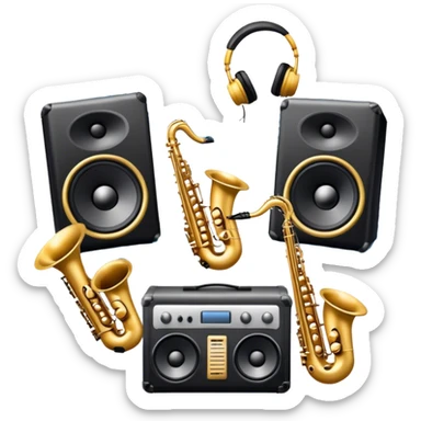 Icon for R&B Music Listening: large concert speakers and headphones with waves of musical notes coming out, along with drums and bass guitar and saxophone. The icon should convey the energetic and rhythmic vibe of R&B music. Transparent background sticker