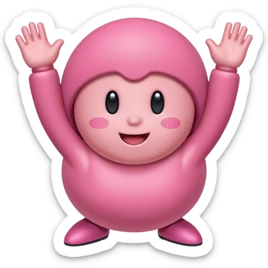 Kirby doing a happy dance, simple round pink character, cheerful expression, arms up sticker