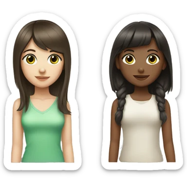 two girls with dark brown hair one with bangs green eyes sticker