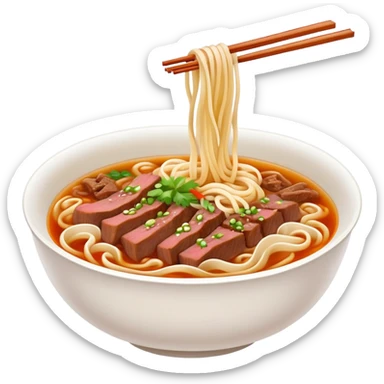 Lanzhou hand-pulled noodles with beef and broth, simplified emoji style with bold outlines and bright colors, cartoon style lamian in bowl sticker
