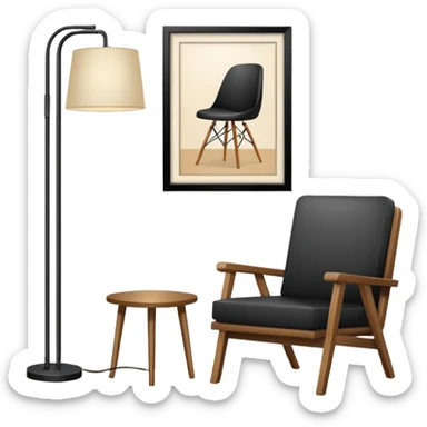 Minimalistic flat vector icon, iOS style, thin black contour on white background. Floor lamp and chair next to a framed picture on wall. Clean, no text, no shadows sticker