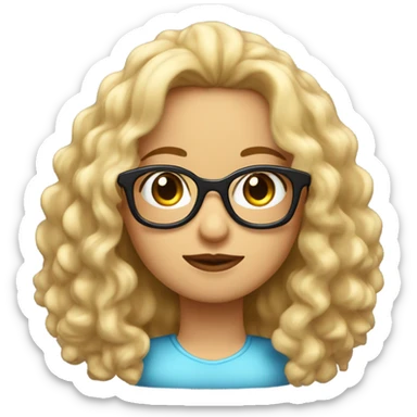 Chica rubia pelo rizado largo, con lentes, ojos azules y tomando café sticker