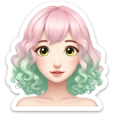 Gorgeous Beautiful Blushing Petite Pastel-Fairy-Anime-Green-Pastel-Girl with beautiful gradient pastel hair aesthetic sticker
