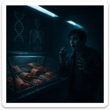 cinematic horror scene: butcher counter with ambiguous pork cuts, a person stepping back scared, background with blackboard showing DNA and human anatomy, blue lights and deep shadows, surreal and symbolic atmosphere, 4K quality sticker