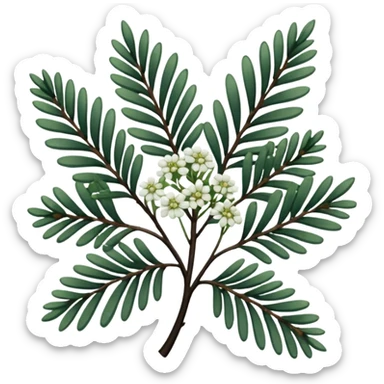 green pine leaves, small flowers, thin ebony branches, dull colored filigree design sticker