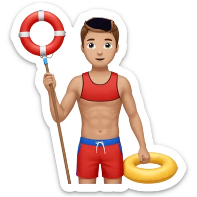 Male lifeguard – red shorts, whistle around neck, holding rescue float. sticker