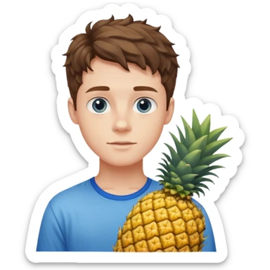 Pale teenage man with short wavy brown hair holding pineapple, prominent jawline, blue eyes sticker