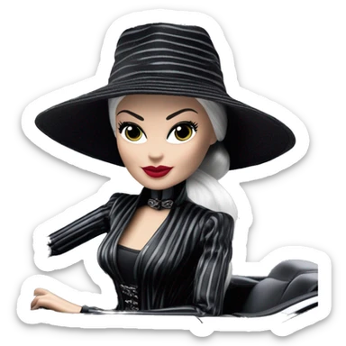 Darth Vader Barbie, 1910 Morticia Addams from academy, in dark-gray and black striped outfit with hat. Smiling Driving Mercedes convertible sports car. Pale-white porcelain skin.  sticker