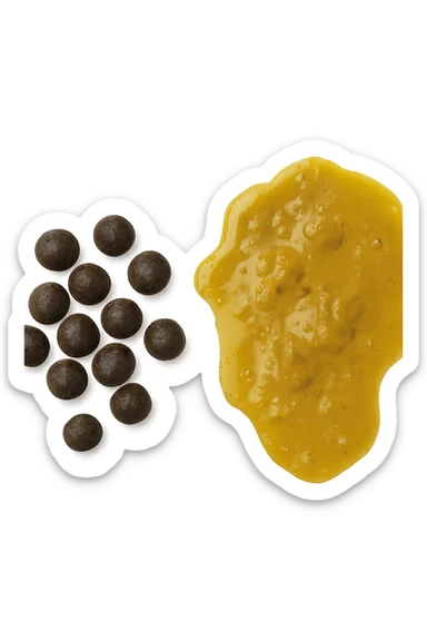 feci di animale a palline viste dall'alto e feci di animale liquide e gialline viste dall'alto, iperrealistico 4k sticker