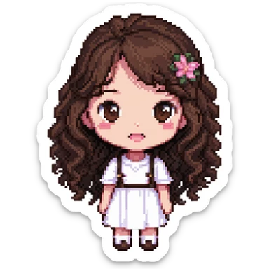 character with dark brown wavy hair, big brown eyes, small nose, big pink mouth, medium weight, medium height sticker