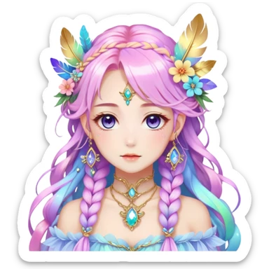 Beautiful gorgeous anime lady with beautiful iridescent-nebula-braided-hair, fashion aesthetic, ethereal, fairycore, pastelcore, feathers, flowers, gems, accessories, jewelries, gold, colorful sticker