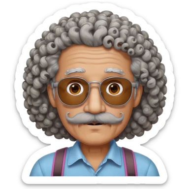 old guy with very curly hair and brown shades and big  pink mustache sticker