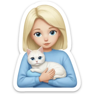 blonde girl with baby blue sweater snuggling white persian odd eye cat sticker