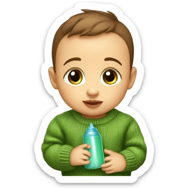 a 2 month old baby with a green sweater and brown eyes drinks his bottle sticker