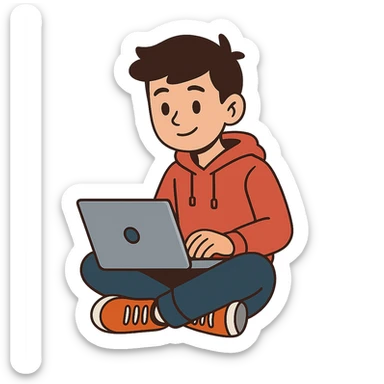 flat toon style teenager with a laptop sticker
