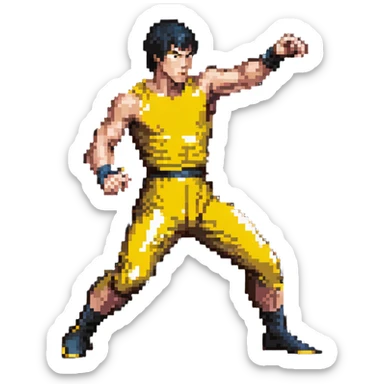 Bruce Lee in iconic fighting pose, martial arts legend sticker