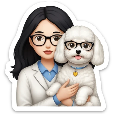 Girl with long black hair and glasses holding a white Bichon Frise dog sticker