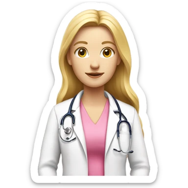 Long blonde hair doctor in pink undershirt white coat over pink stethoscope  sticker