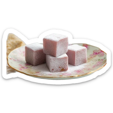 Turkish delight stacked cubes with chopped walnuts and covered with powdered sugar, on a floral porcelain plate sticker