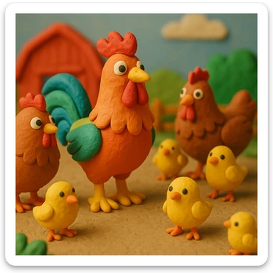 rooster with hens and chicks, cheerful farmyard scene, colorful and cute in claymation style sticker