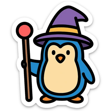 penguin wizard holding a staff, wearing a wizard hat, colored icon with black outlines sticker
