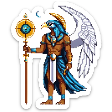 Egyptian moon god Khonsu with falcon head, lunar disk and crescent moon on head, divine staff sticker